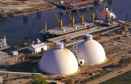 North Texas Cement — North Texas Cement’s storage domes in Houston, Texas holds 38,500 tons of cement in each of the 150-foot diameter by 83-foot tall domes.